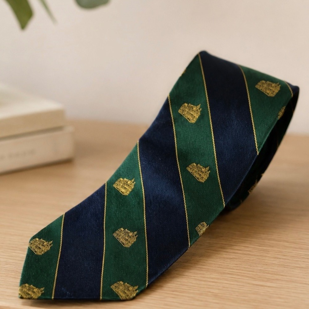 Wm Chelsea Ltd Mens Repp Tie Navy Green Gold Stripe Jacquard Crest Necktie 58"